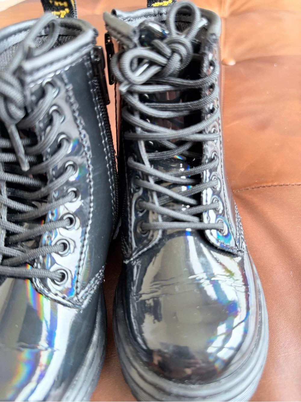 Doc Martens Black Patent Combat Boots with Back Loop